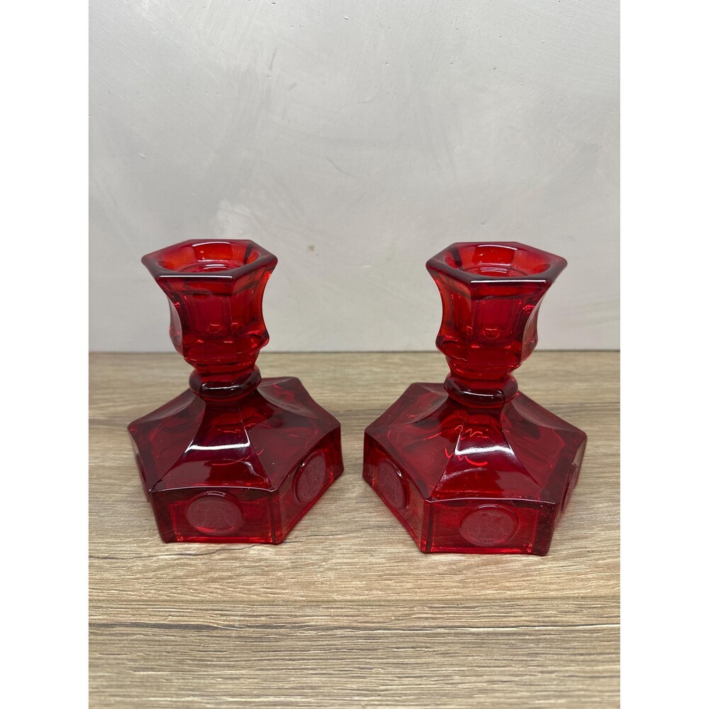 Vintage Fostoria Ruby Red Glass Commemorative 1887 Coin Embossed Candlestick Set